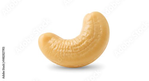 Close Up of Single Cashew Nut Isolated on White Background Showing Detailed Texture