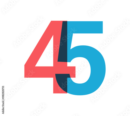 Overlapping red and blue 45 digits with transparent effect, evokes modernity, joy, energy. Anniversary number design for branding, event graphics, promotional materials. Vector illustration.