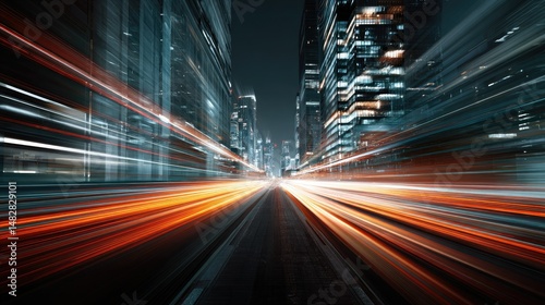 Speed light trails flowing between tall buildings  simulating digital speed and futuristic city motion