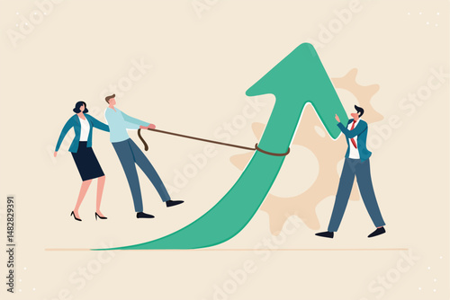 Teamwork and collaboration colleagues, togetherness and support each other to achieve business goal concept, group of businessmen and women office workers help and support to pull arrow rising up.