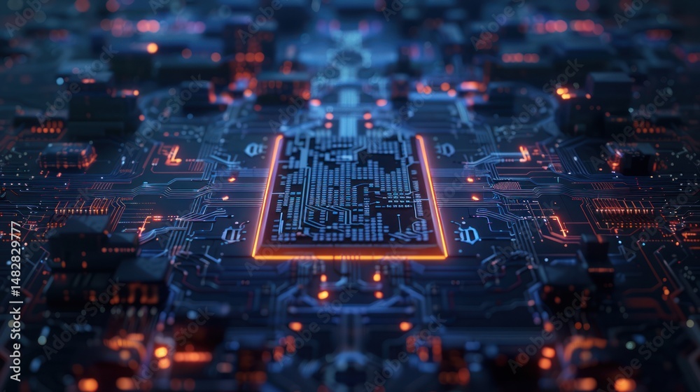 Obraz premium Macro close-up of a computer's central processing unit (CPU) with circuit board details