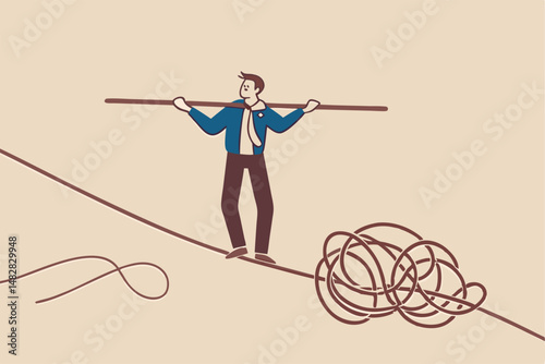 Leadership skill to lead company in crisis situation, manage to solve risky problem concept, confidence businessman leader acrobat walk balance on danger high rope and try to solve tightrope problem.