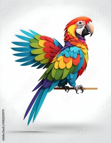 A vibrant colorful parrot bird perched on a wooden stick