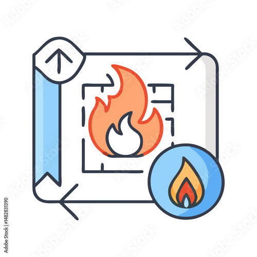 A fire evacuation plan icon featuring a blueprint with a flame symbol, representing safety and emergency preparedness
