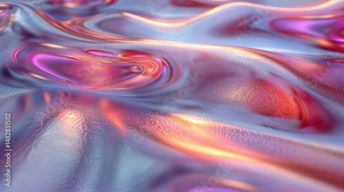 Futuristic chrome surface with holographic interference patterns, shifting colors under virtual light