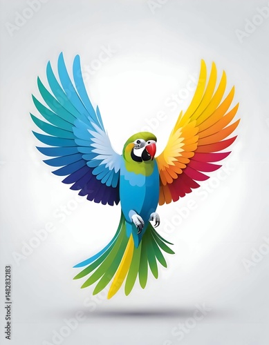 A vibrant colored macaw spreading its wings gracefully in the air