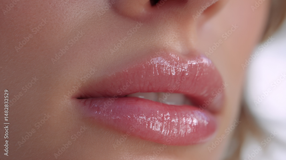 Naklejka premium Close-up of a young woman's lips showcasing a glossy finish, emphasizing smooth skin texture and a soft, natural look evoking feelings of beauty and elegance
