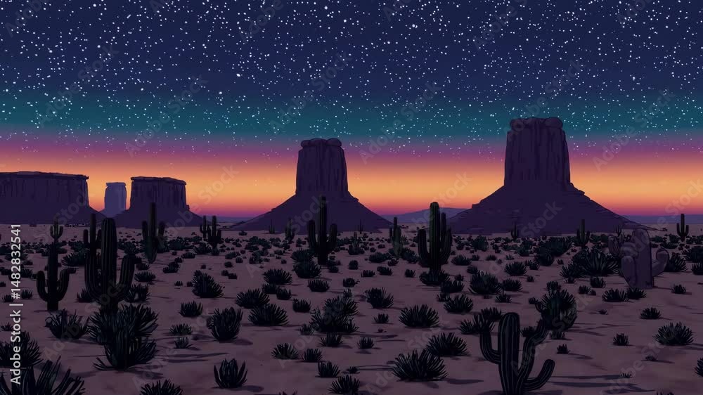Animated starry desert nightscape with mesa silhouettes under glowing horizon, calm dreamy evening in stylized southwestern environment loop animation
