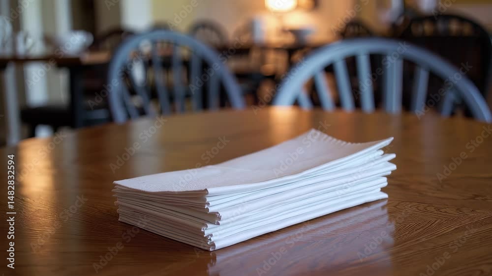 Stack of white paper sheets next to ceramic bowl on wooden dining table in soft daylight, cozy minimalistic interior scene loop animation