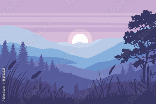 A serene mountain landscape witnesses both the golden hues of sunset and the soft glow of sunrise painting the sky with nature's artistry, sometimes veiled in morning mist or evening fog