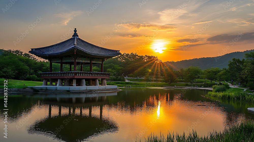 Fototapeta premium The picturesque view of the sun setting at Ttukseom Hangang Park (1)