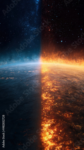 A stunning digital rendering of a planet divided between a serene icy landscape and a fiery lava scene, showcasing the contrast between cold and heat in outer space