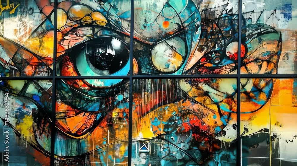 Vivid graffiti wall mural: colorful artistic transformation with eye motif