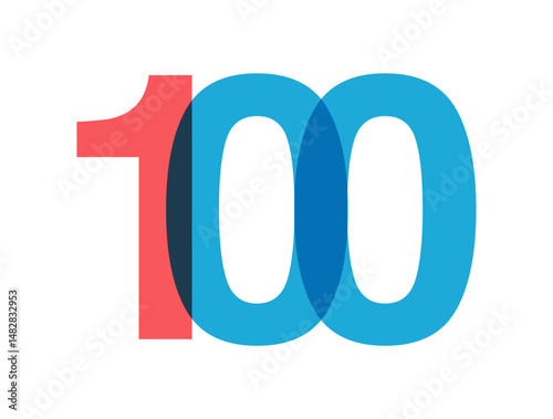 Overlapping red and blue 100 digits with transparent effect, evokes modernity, joy, energy. Anniversary number design for branding, event graphics, promotional materials. Vector illustration.