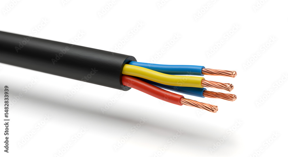 Close Up of Black Electrical Cable with Copper Core and Insulated Red Yellow and Blue Wires on White Background Close Up of Black Electrical Cable with Copper Core and Insulated Red Yellow and Blue Wires on White Background