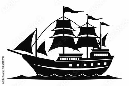 ship silhouette line art vector illustration with a white background