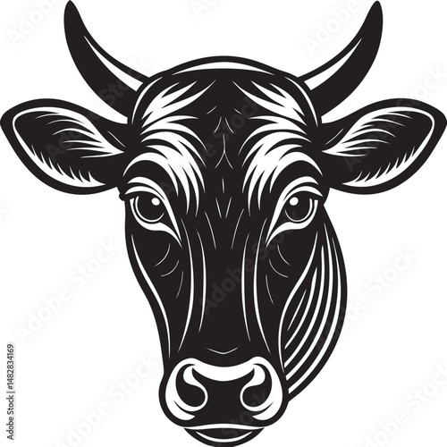 Bold silhouette of a cow head with clean lines, Cow Head Silhouette Vector , Farm Animal Clipart Design
