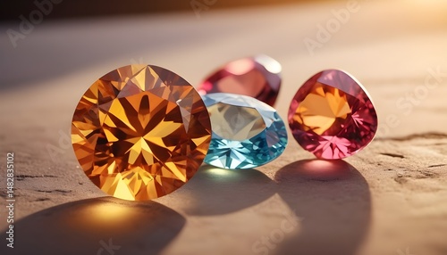 Vibrant Precious Gemstones on Elegant Surface – Multicolored Faceted Crystals with Luxury Lighting and Artistic Background