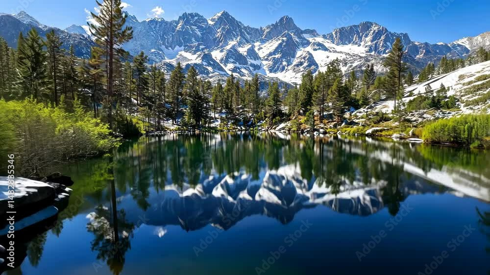 Majestic mountain lake with reflective waters and lush forest landscape