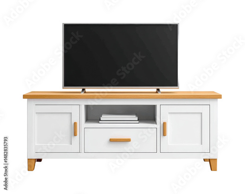 Modern TV stand with flatscreen TV on top and storage compartments below, featuring white and wood finish