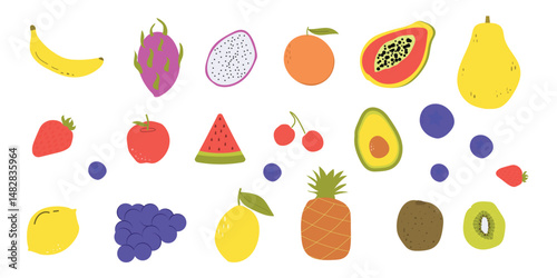 Summer set of colorful hand drawn fruit. Trendy abstract minimal style. Banana, dragon fruit, papaya, apple, kiwi, avocado and any. Collection of natural fruits, healthy food. Vector illustration