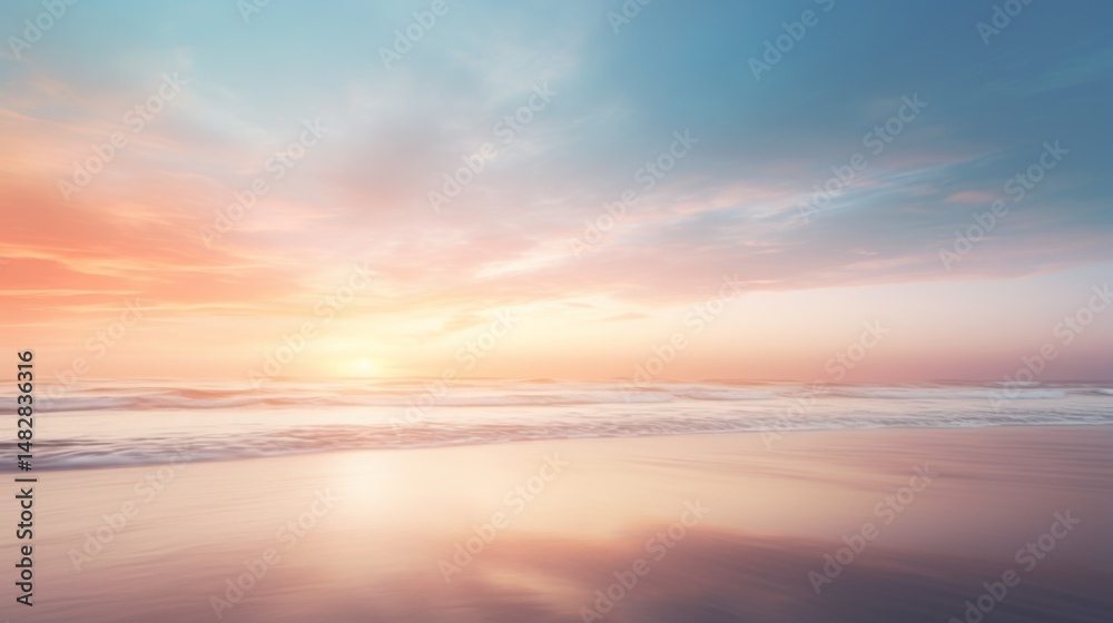 Fototapeta premium Blurred Beach Horizon with Soft Morning Sunlight and Gentle Coastal Glow for Serene Ocean Atmosphere