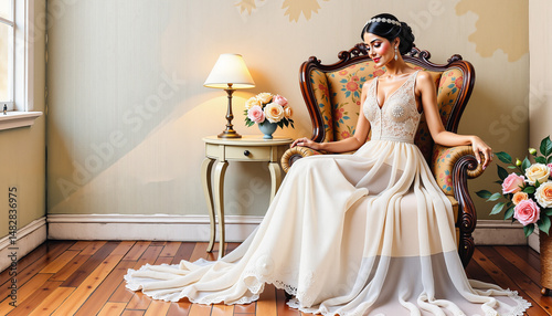 Elegant bride sitting gracefully in vintage armchair with floral decor  photo