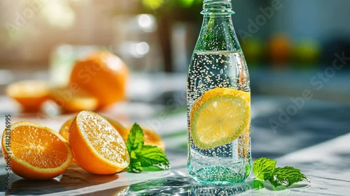 Refreshing citrus infusion: sparkling water with orange and lemon slices on a sunny day