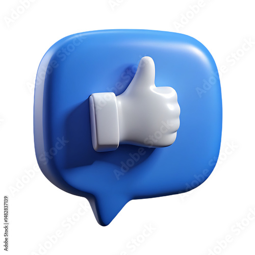 Social Media Approval: A modern, three-dimensional icon, shaped like a speech bubble, features a prominent thumbs-up gesture, a symbol of endorsement and positive feedback in the digital world.