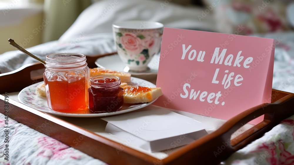 Breakfast tray featuring sweet treats and a heartfelt message in a cozy bedroom setting