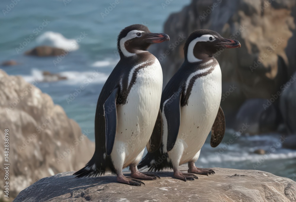 Fototapeta premium Humboldt penguin preening its feathers on a rocky shore , coastal bird, aquatic bird, peru