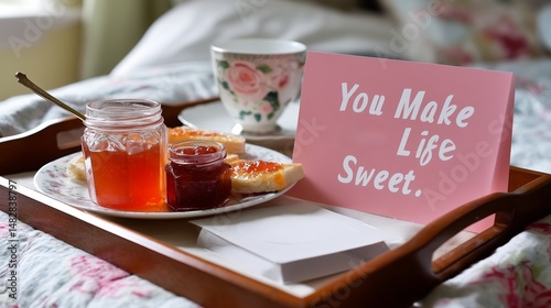 Obraz na płótnie Breakfast tray featuring sweet treats and a heartfelt message in a cozy bedroom setting w salonie