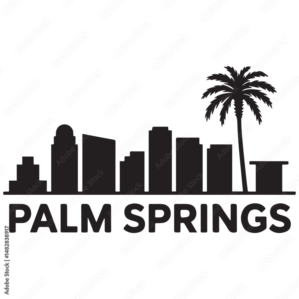 Fototapeta premium Palm Springs, CA skyline silhouette. Black Palm Springs city design. Vector black silhouette. with white background
