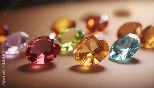 Colorful Small Precious Gemstones on Elegant Surface – High-Detail Faceted Crystals with Luxury Background and Soft Lighting