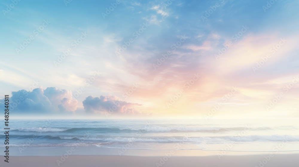 Fototapeta premium Blurred Beach Horizon with Soft Morning Sunlight and Gentle Coastal Glow for Serene Ocean Atmosphere