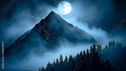 Mystical moonrise over majestic mountain peaks and silhouetted pine forest
