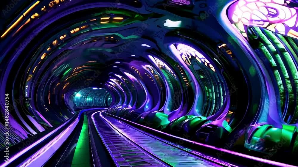 A tunnel with a train going through it at night