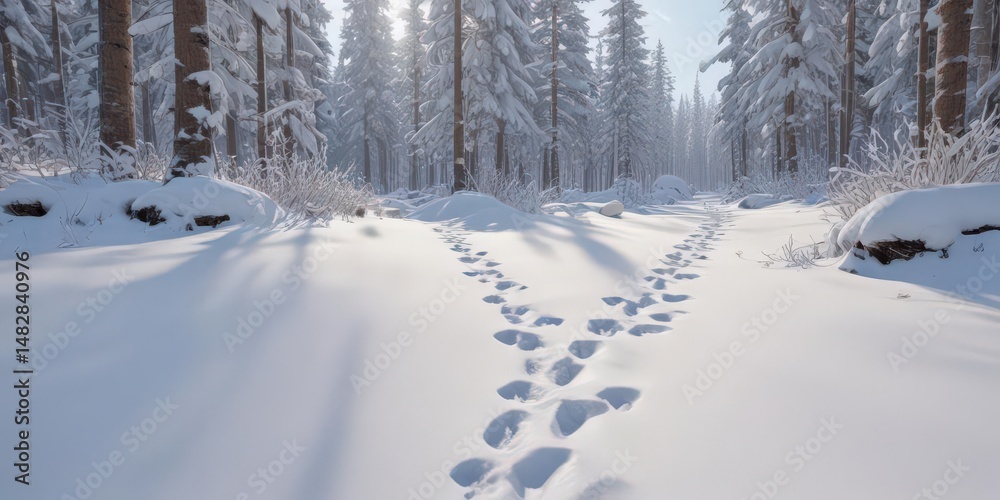 Obraz premium Deep bear tracks in untouched snowdrift, snowy forest , wildlife, frozen, untouched