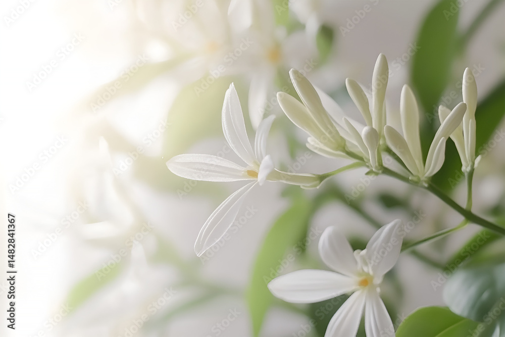 Delicate white jasmine flowers blooming softly in a bright and airy composition with green foliage and subtle lighting Delicate white jasmine flowers blooming softly in a bright and airy composition with green foliage and subtle lighting