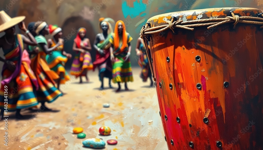 Fototapeta premium Oil painting of a large African djembe drum in the foreground