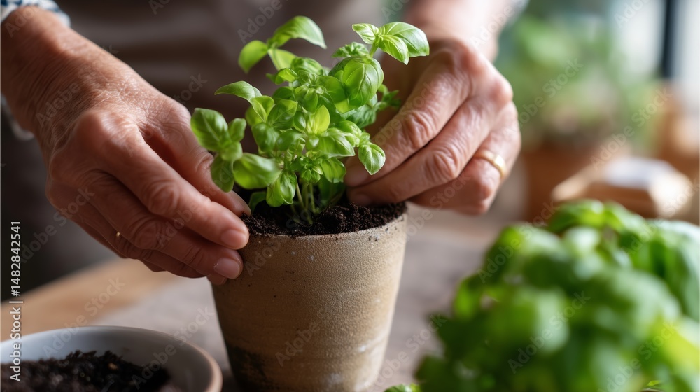 Growing basil at home in a cozy kitchen during daytime with hands nurturing the small plant