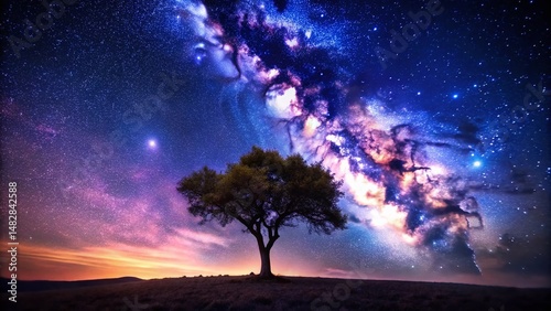 Glowing Night Tree: Mystical Celestial Landscape Photography