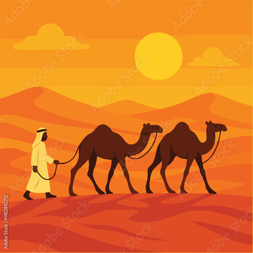 Arabic Man Walking with Camel in Desert eid ul adha them vector art 