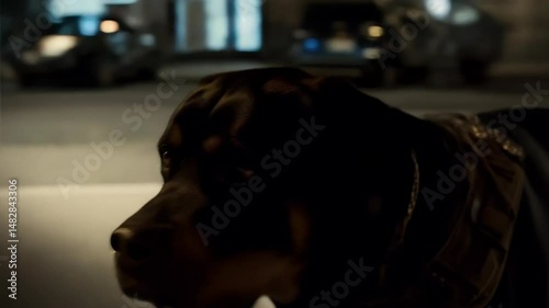 Close-up of a dark Rottweiler dog in a military style harness looks up, filmed in a dark urban exterior with streetlights photo