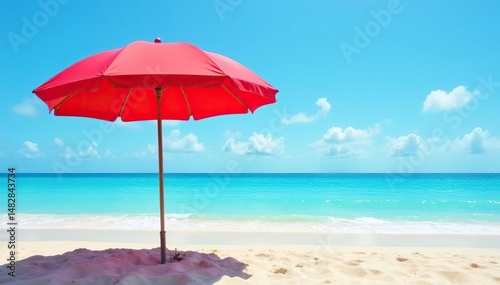 Bright red beach umbrella providing shade on a sunny beach , beach gear, vibrant