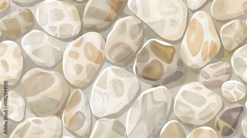 Smooth white river stones arranged closely together, creating a clean, natural pattern ideal for backgrounds or design textures.