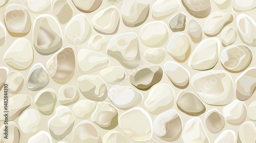Smooth white river stones arranged closely together, creating a clean, natural pattern ideal for backgrounds or design textures.
