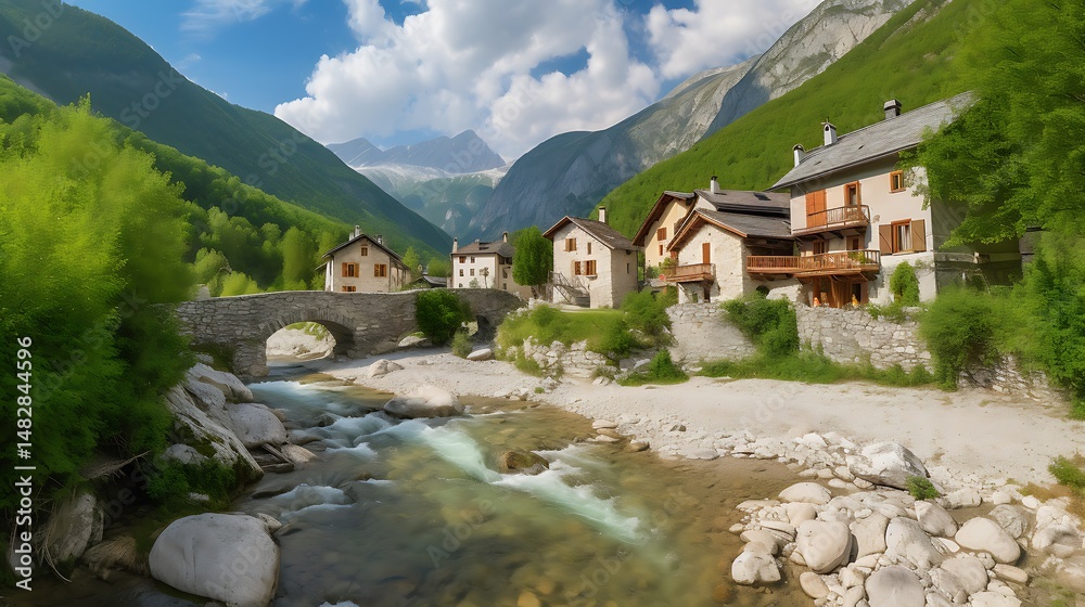 Naklejka premium Mountain Village Bridge.