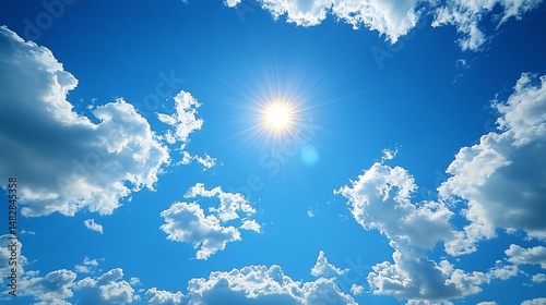 Bright Sunny Day Blue Sky With Fluffy White Clouds