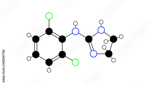 clonidine molecule, structural chemical formula, ball-and-stick model, isolated image antihypertensive agent